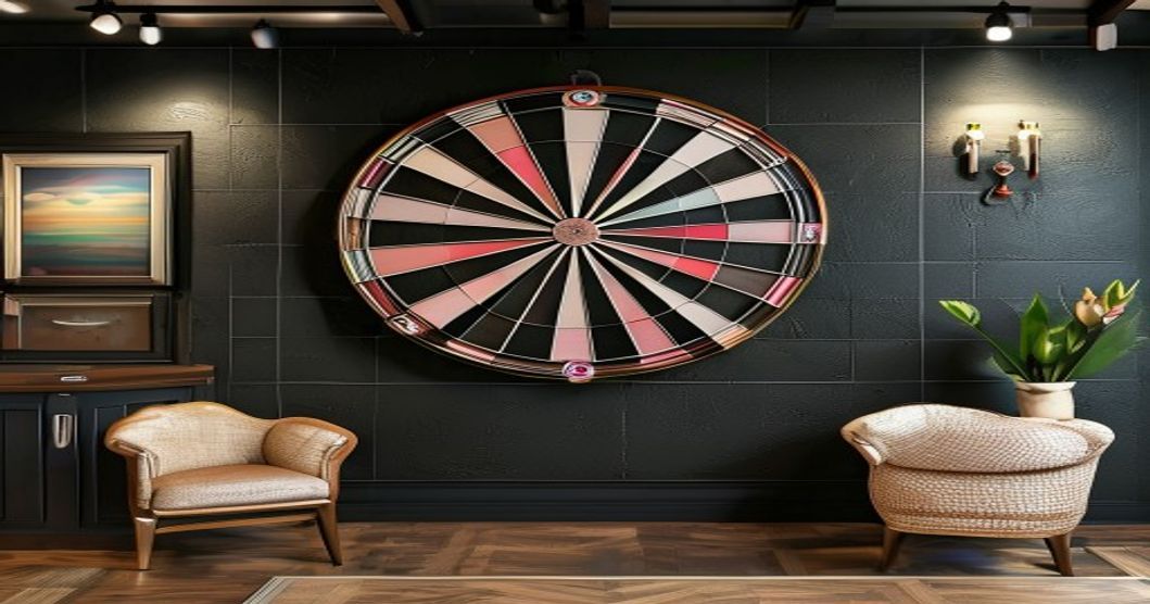 Cible de fléchettes sisal fixée au mur à la hauteur réglementaire